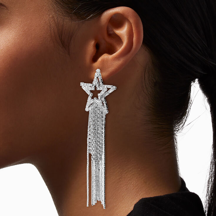 Pendantes 10&nbsp;cm franges &eacute;toile strass couleur argent&eacute;e,