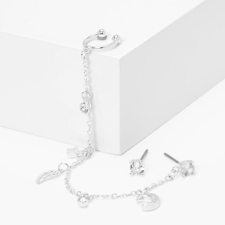 Silver Moon Charm Connector Cuff Earrings,