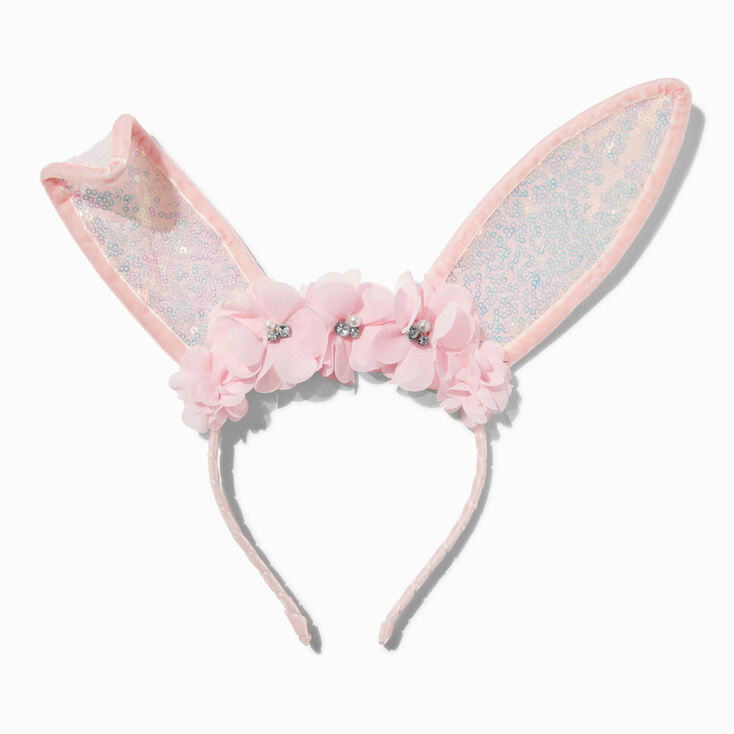 Pink Floral & Sequin Bunny Ears Headband
