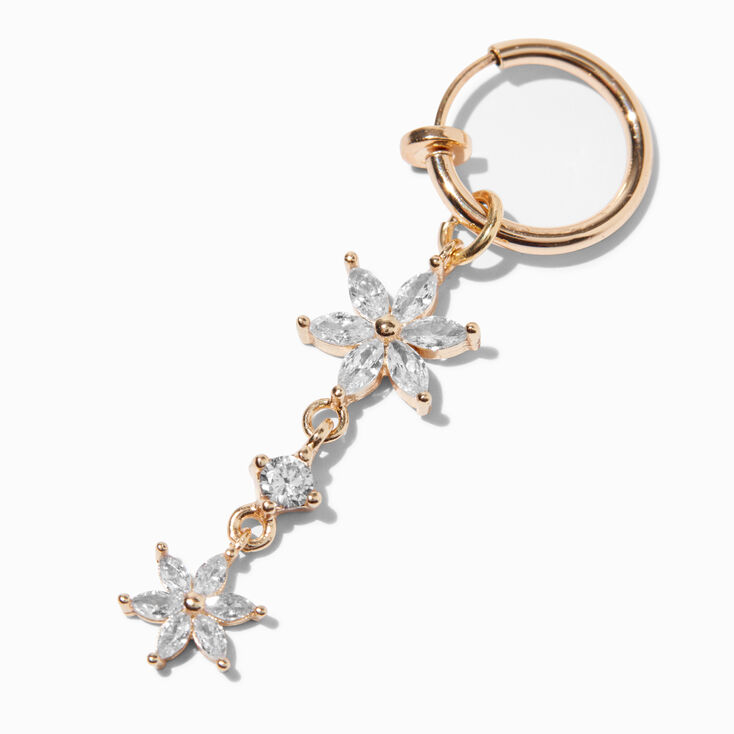 Gold-tone Stainless Steel Flower Drop Clip-On Faux Belly Bar,