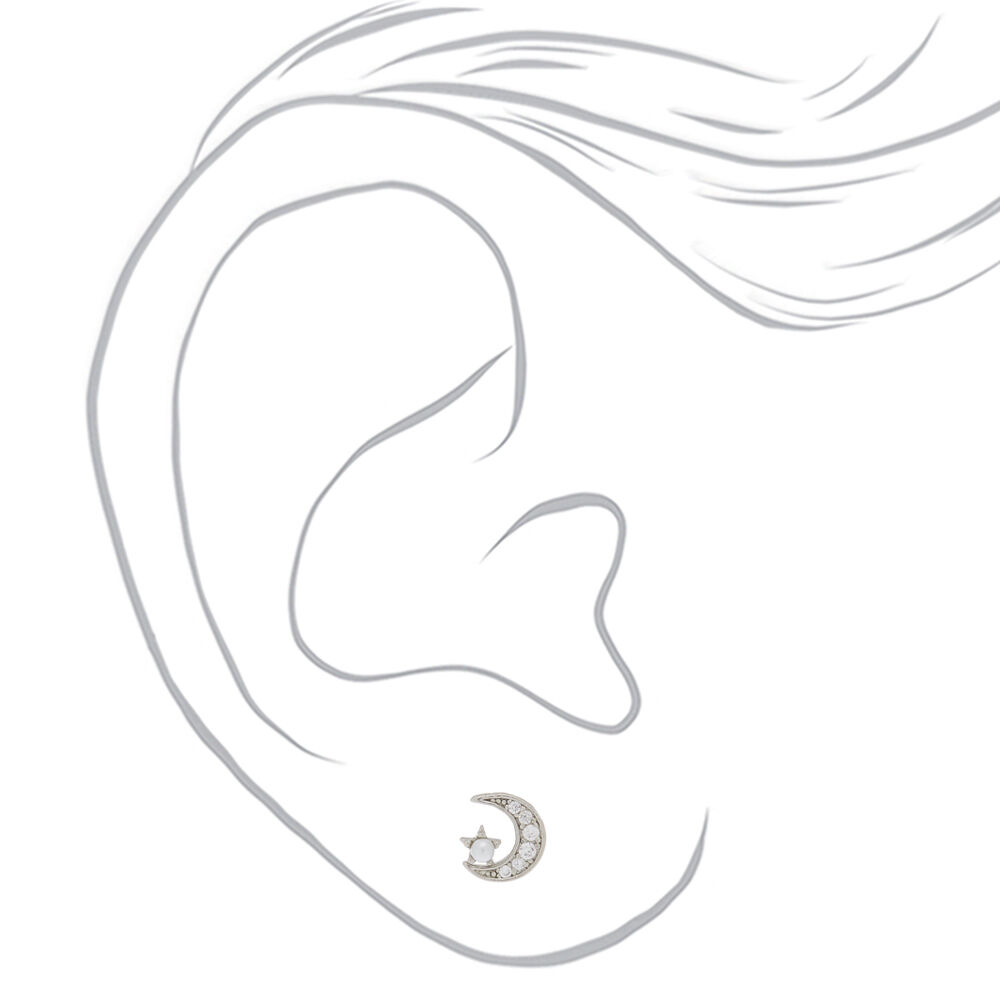 Sterling Silver Pearl Moon Stud Earrings,