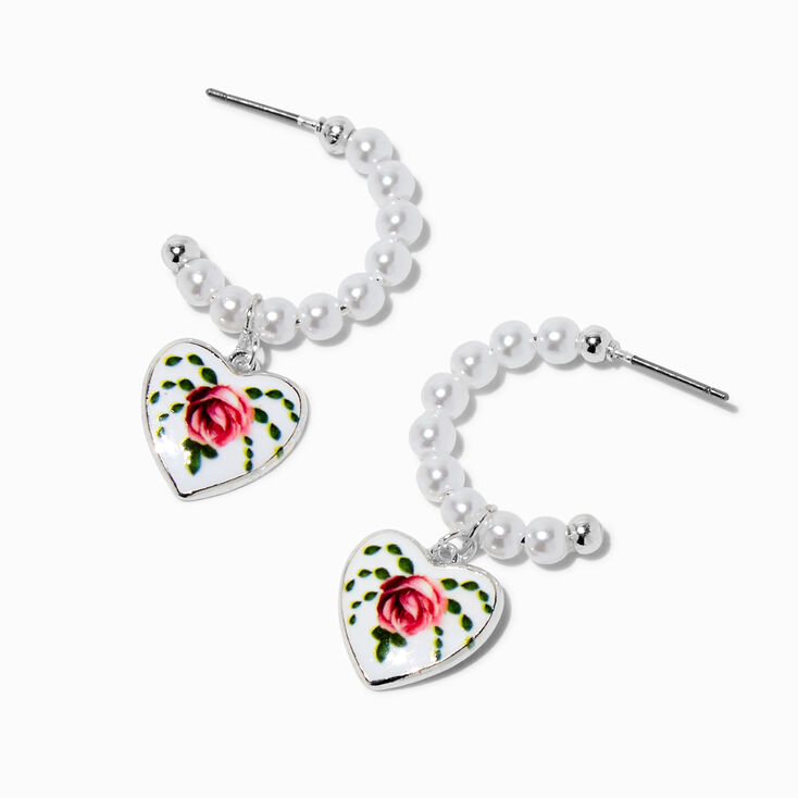 Antiqued Rose Heart Pearl Hoop Earrings,