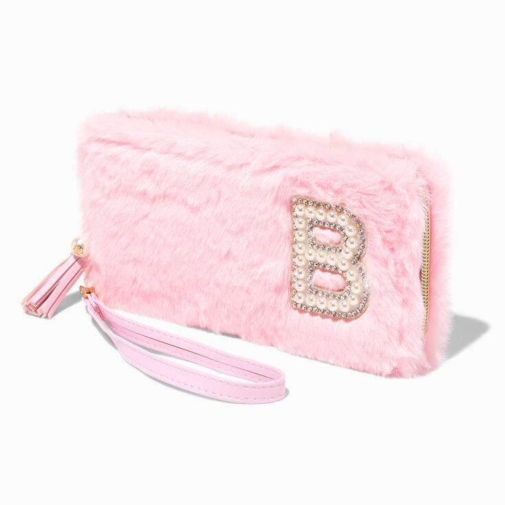 Pink Furry Pearl Initial Wristlet Wallet - B,