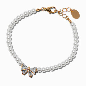 Cubic Zirconia Bow &amp; Pearl Gold-tone Chain Bracelet,