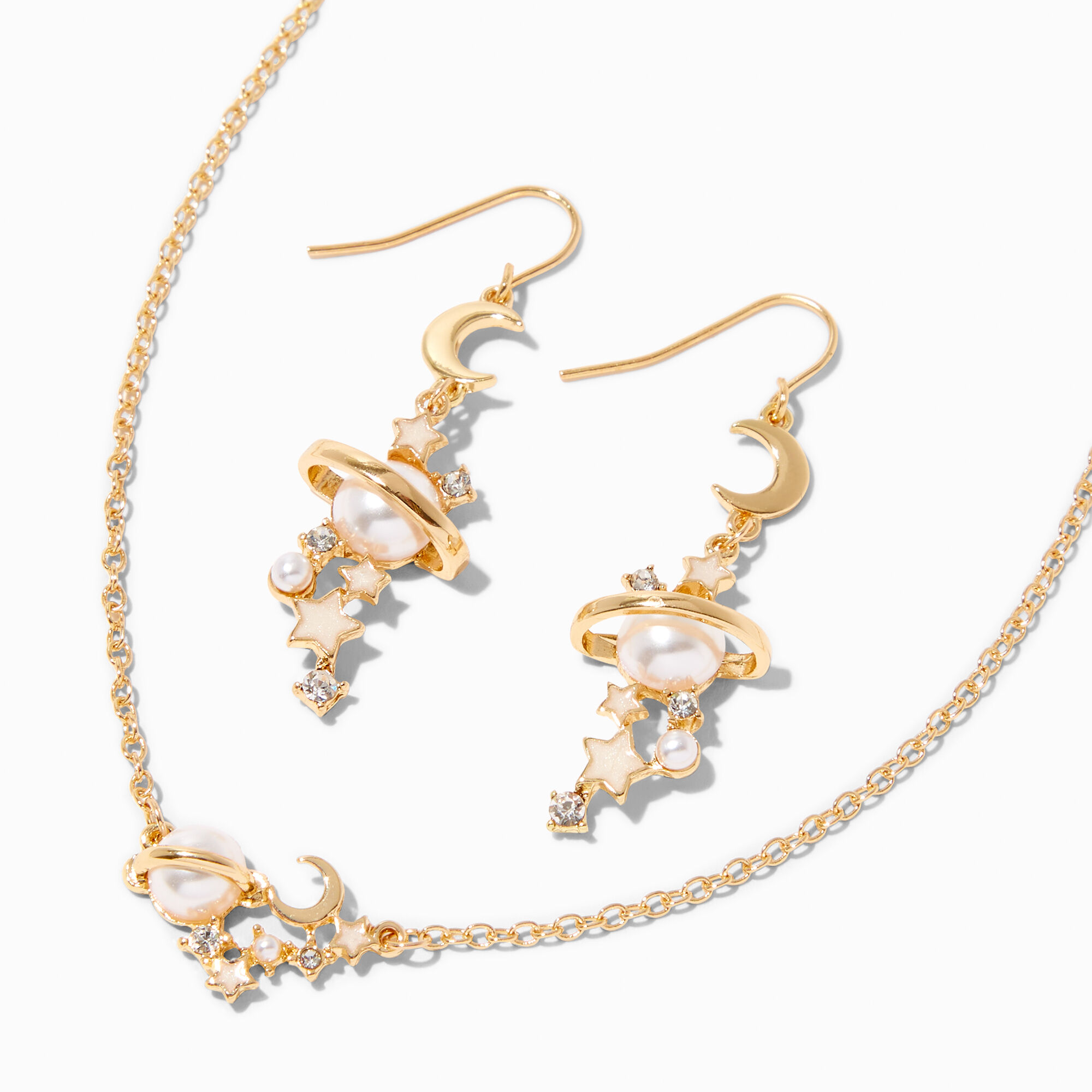 Lot créoles et collier à pendentif Saturne avec étoiles et perle d'imitation (lot de 2),
