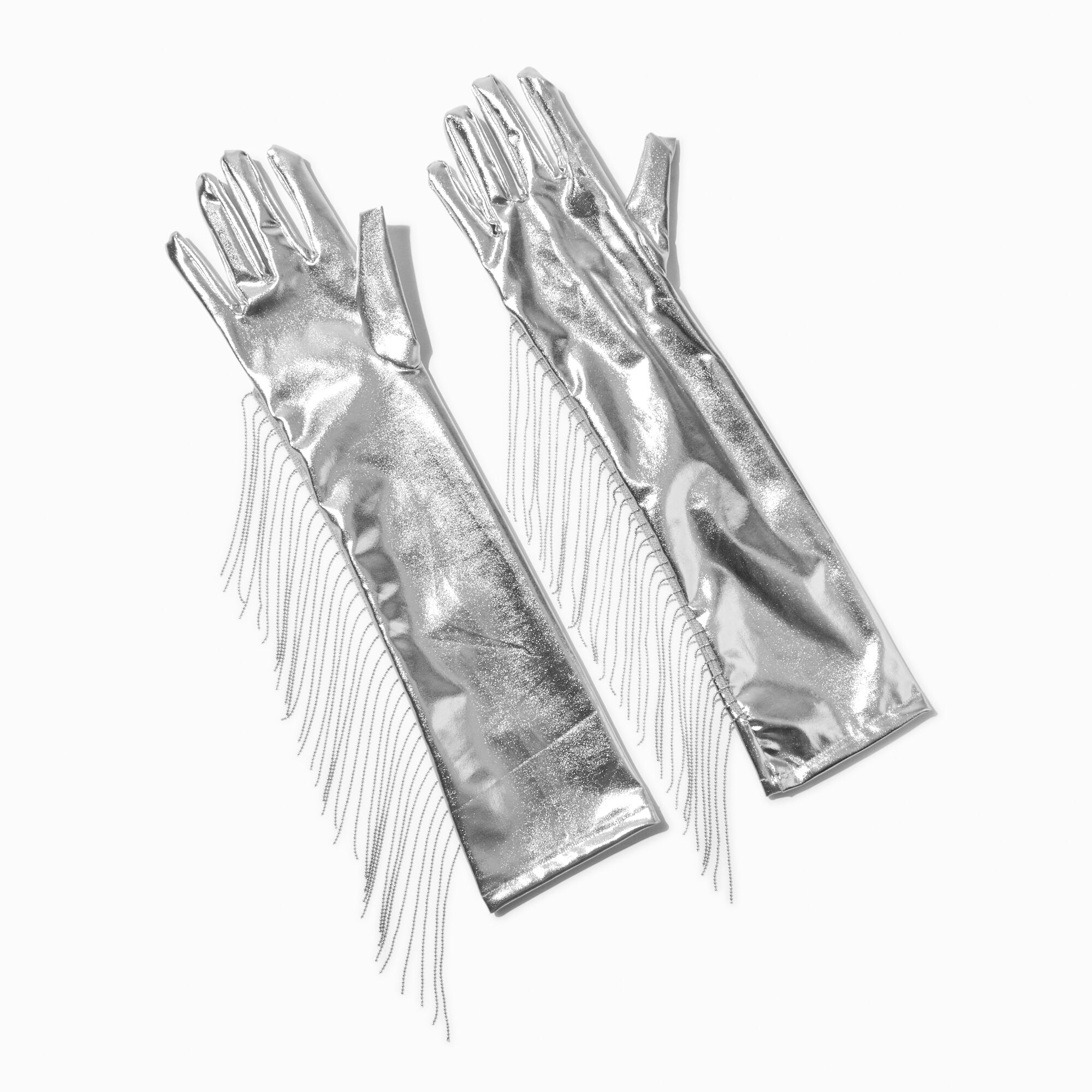 View Claires Metallic Fringe Long Gloves Silver information