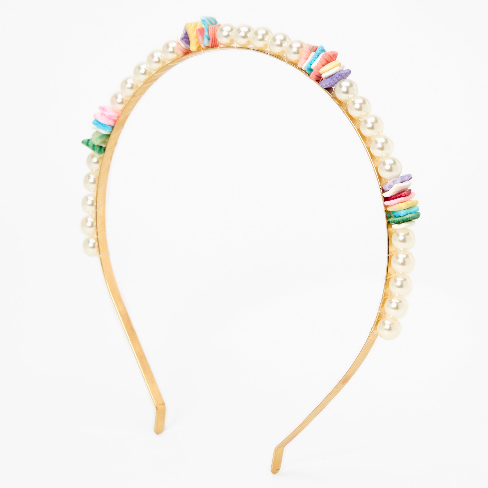 View Claires Rainbow Pearl Metal Headband Gold information