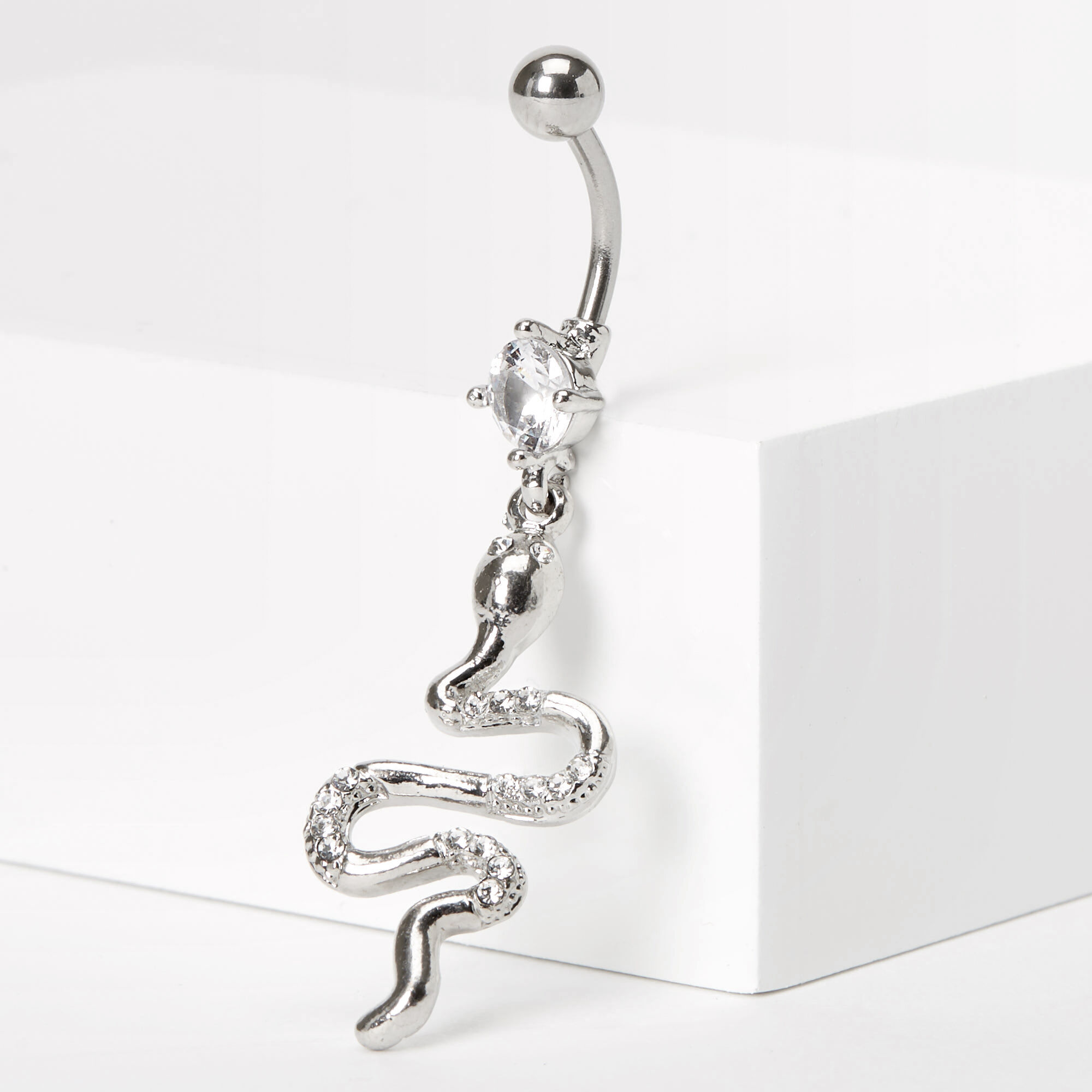 View Claires Tone 14G Embellished Snake Dangle Belly Ring Silver information