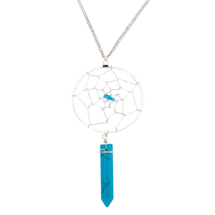 Silver Dreamcatcher Stone Long Pendant Necklace - Turquoise,