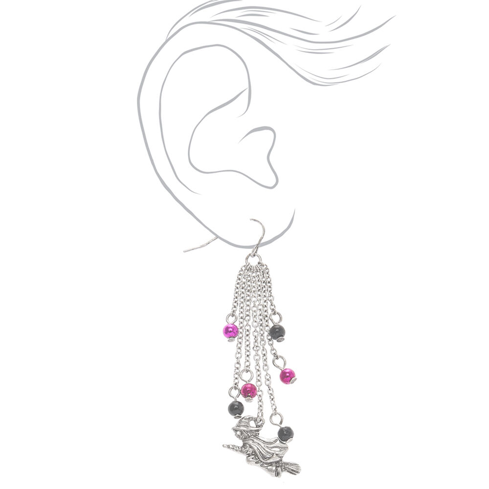 Silver 2" Flying Witch Drop Earrings,
