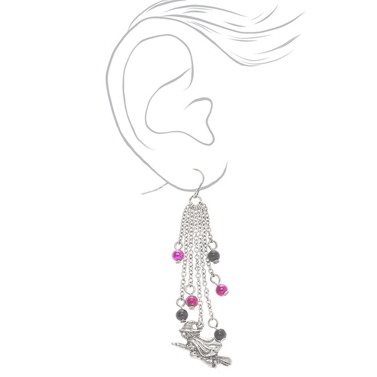 Silver 2&quot; Flying Witch Drop Earrings,