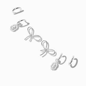 Silver-tone Knot Bow Pearl Earring Stackables Set - 3 Pack,