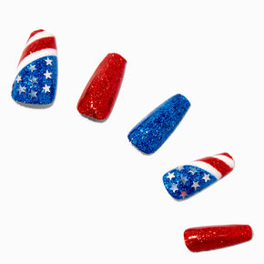 Stars &amp; Stripes Glittery Squareletto Press On Faux Nail Set - 24 Pack,
