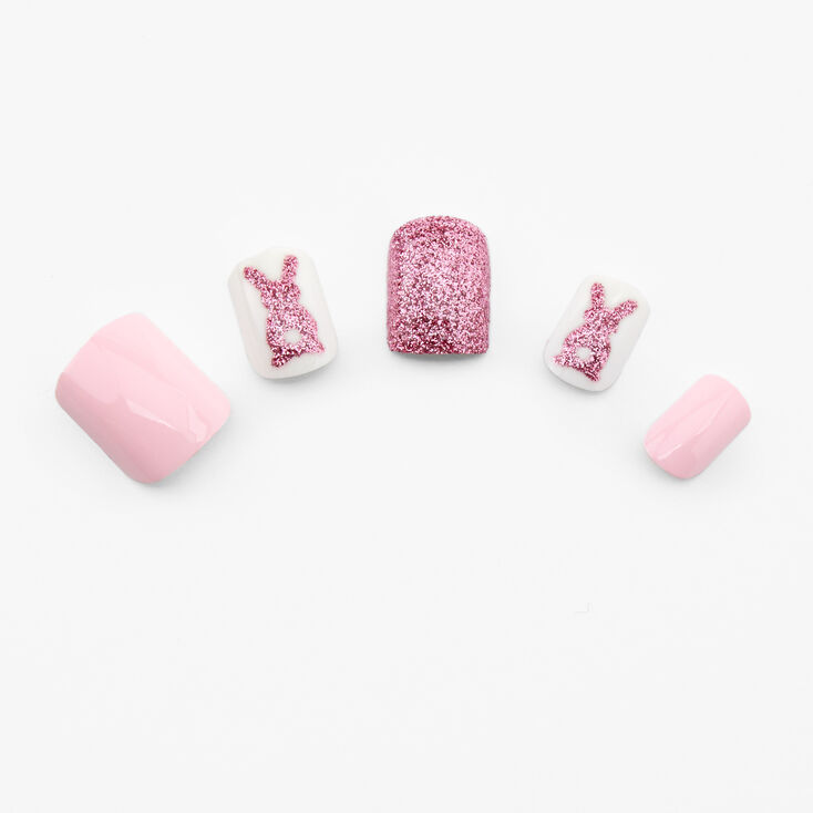 Easter Pink Glitter Bunny Press On Faux Nail Set -  14 Pack,