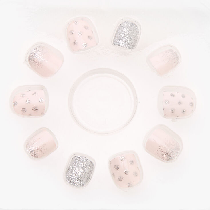 Claire&#39;s Club Silver Glitter Polka Dot Square Press On Faux Nail Set - Pink, 10 Pack,