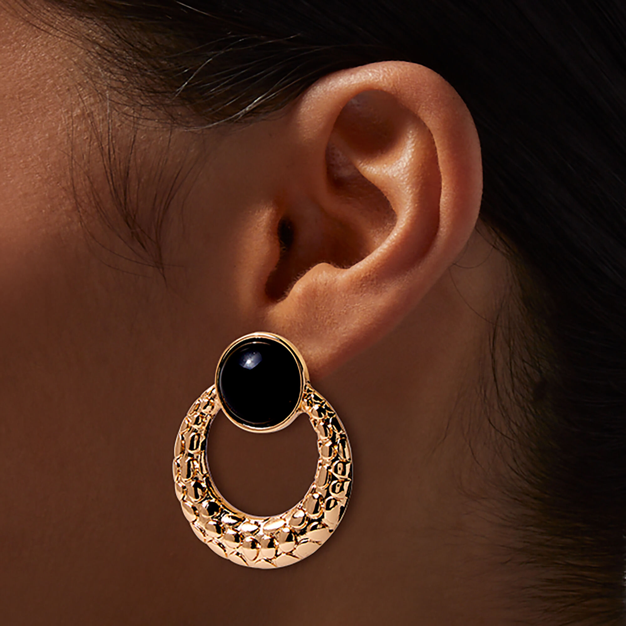 Black Enamel Gold-tone Textured Doorknocker 1.5" Drop Earrings ,