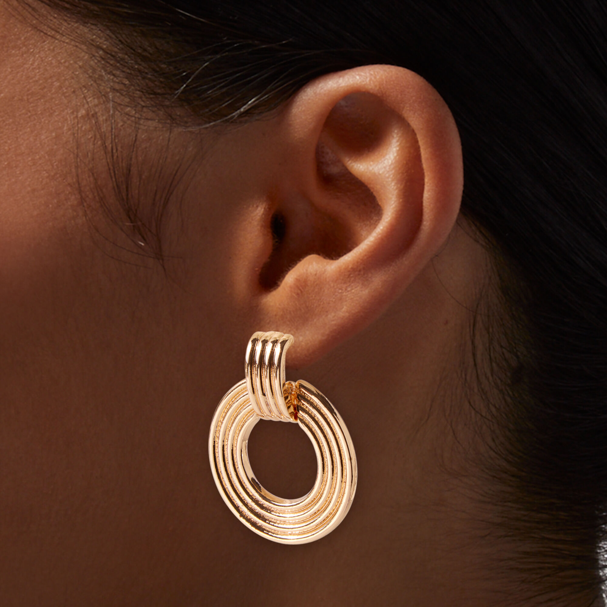 Gold-tone Ridged Doorknocker Drop Earrings ,