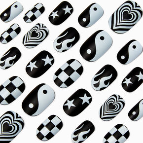 Black &amp; White Y2K Medium Oval Vegan Faux Nail Set - 24 Pack,
