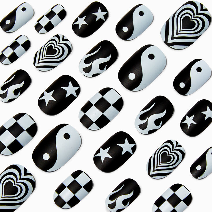 Black &amp; White Y2K Medium Oval Vegan Faux Nail Set - 24 Pack,