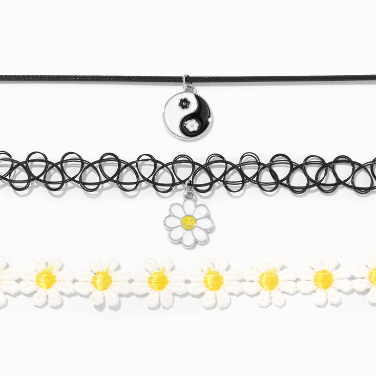 Black Yin Yang &amp; Daisy Choker Necklaces - 3 Pack,