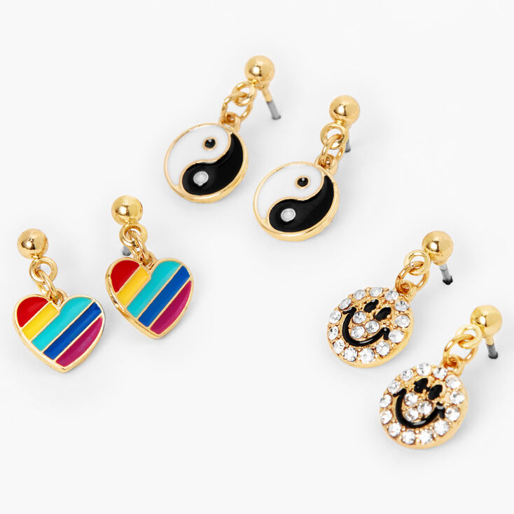 Gold Heart, Yin Yang, &amp; Happy Face Drop Earrings - 3 Pack,