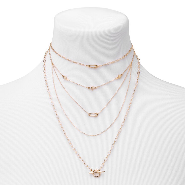 Gold Safety Pin Toggle Chain Multi Strand Necklace,