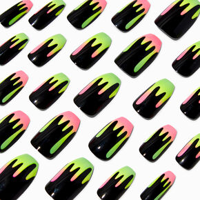 Glow in the Dark Rainbow Drip Coffin Vegan Faux Nail Set - 24 Pack,