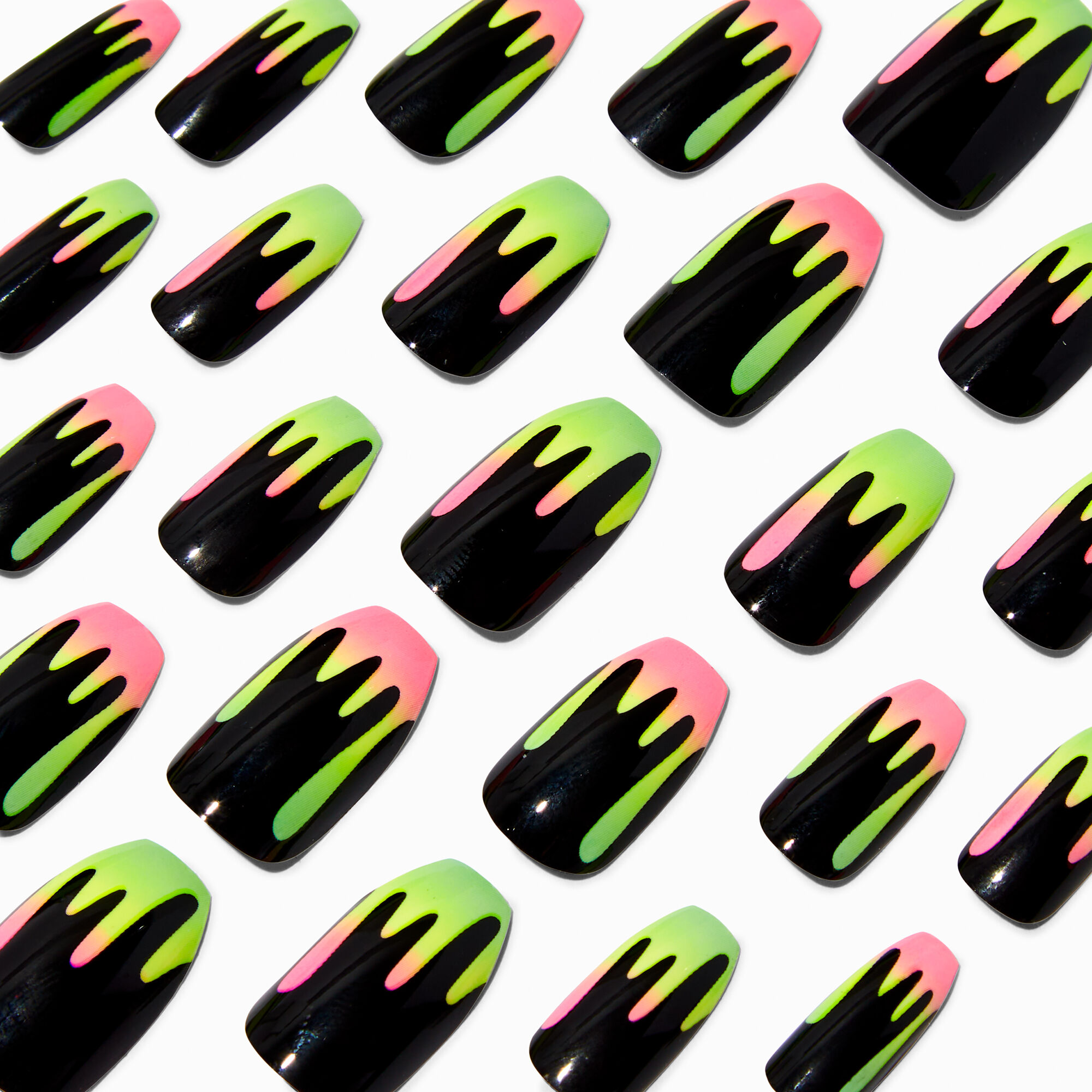 View Claires Glow In The Dark Drip Coffin Vegan Faux Nail Set 24 Pack Rainbow information