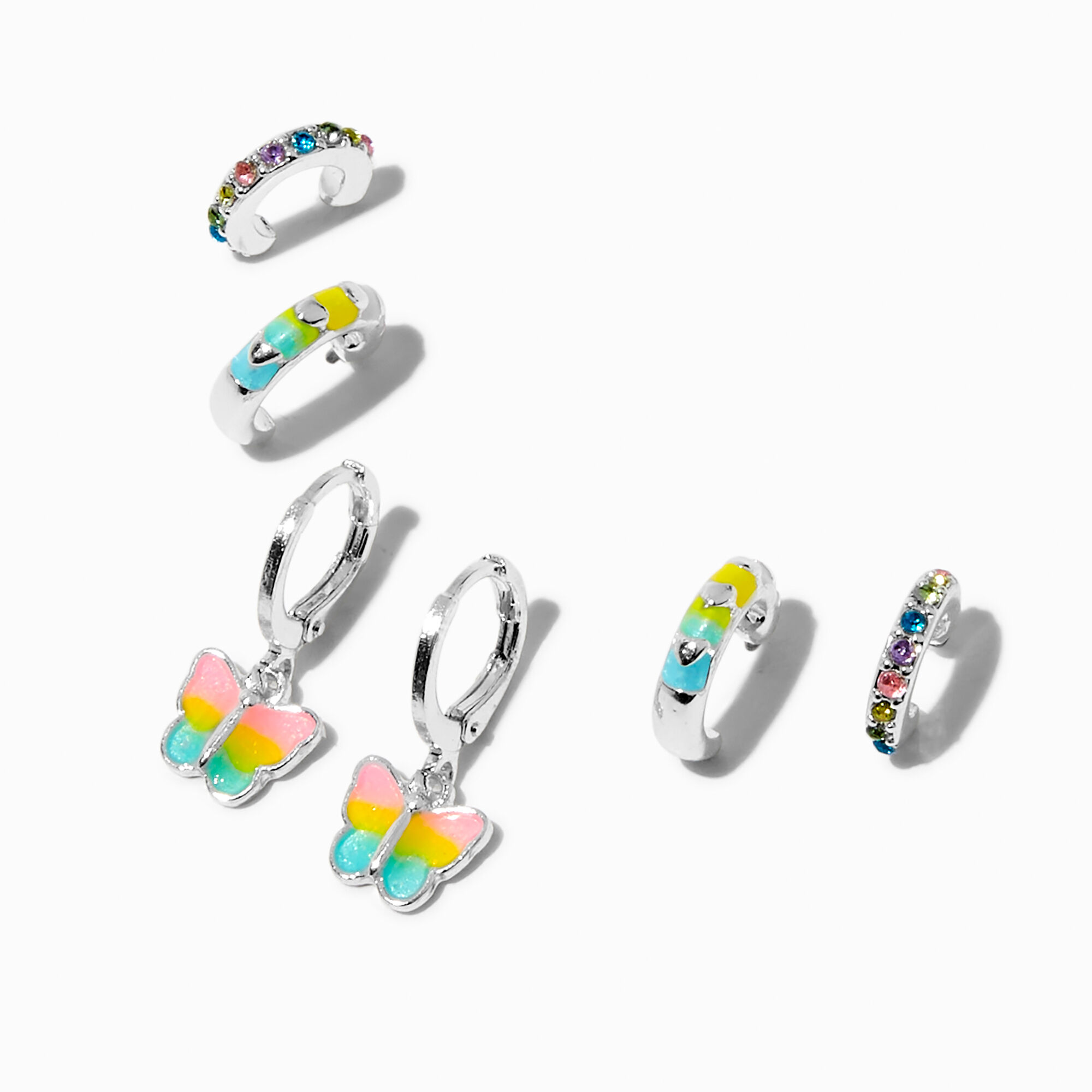 View Claires Tone Rainbow Butterfly Huggie Hoop Stackable Earrings 3 Pack Silver information