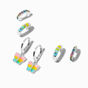 Silver-tone Rainbow Butterfly Huggie Hoop Stackable Earrings - 3 Pack,