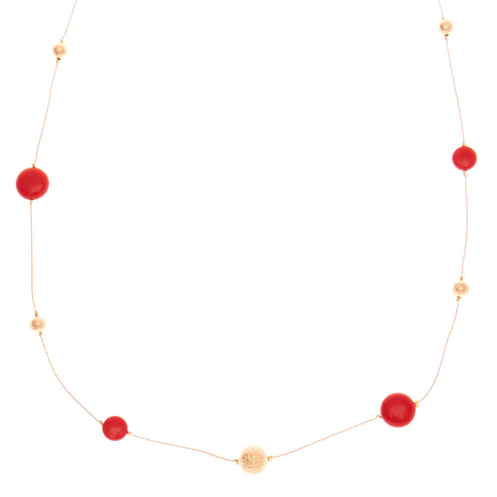Rose Gold Beaded Long Necklace - Red,