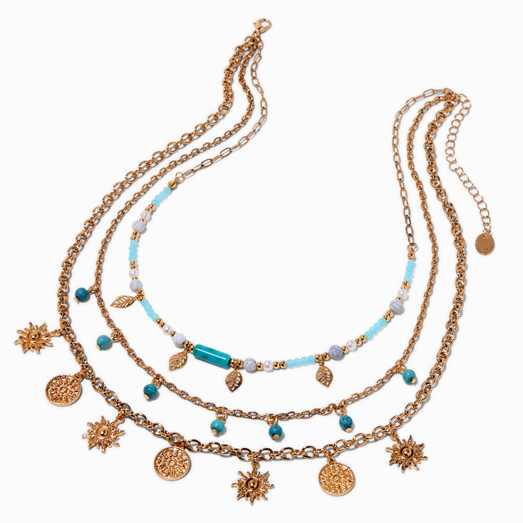 Collier multi-rangs perl&eacute; turquoise d&#39;imitation et pi&egrave;ce couleur dor&eacute;e,