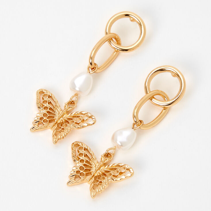 Gold Filigree Butterfly Pearl 2&quot; Drop Earrings,