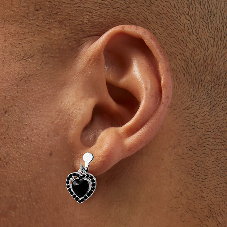 Silver-tone &amp; Black Heart 1&#39;&#39; Clip-On Drop Earrings,