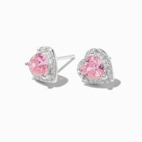 Sterling Silver Pink Halo Heart Stud Earrings,