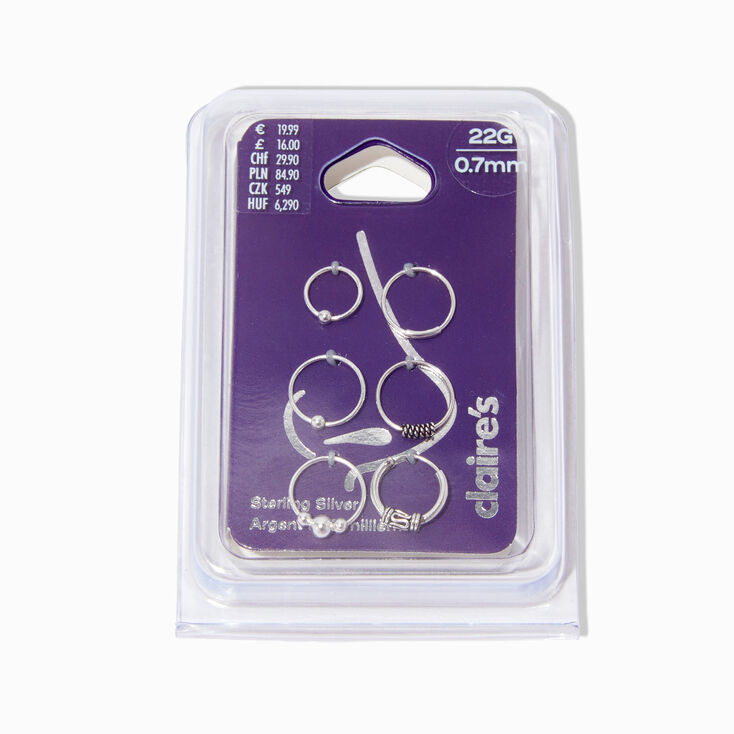 22G Sterling Silver Embellished Nose Rings - 6 Pack,