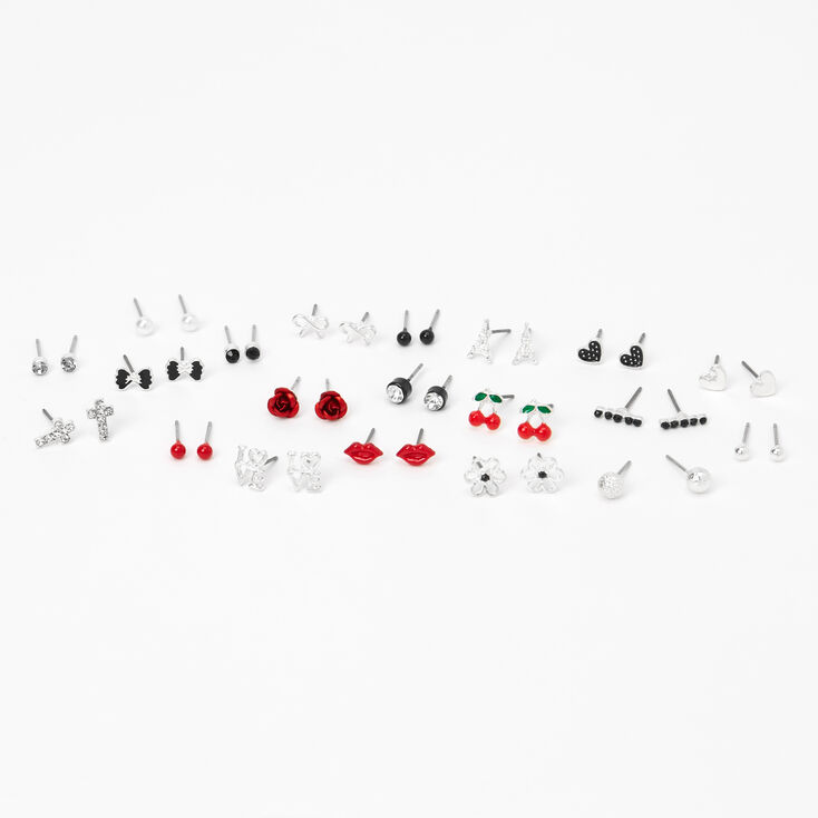 Claire's Clous d’oreilles Lovely Romance couleur argentée - Rouge, lot de 20