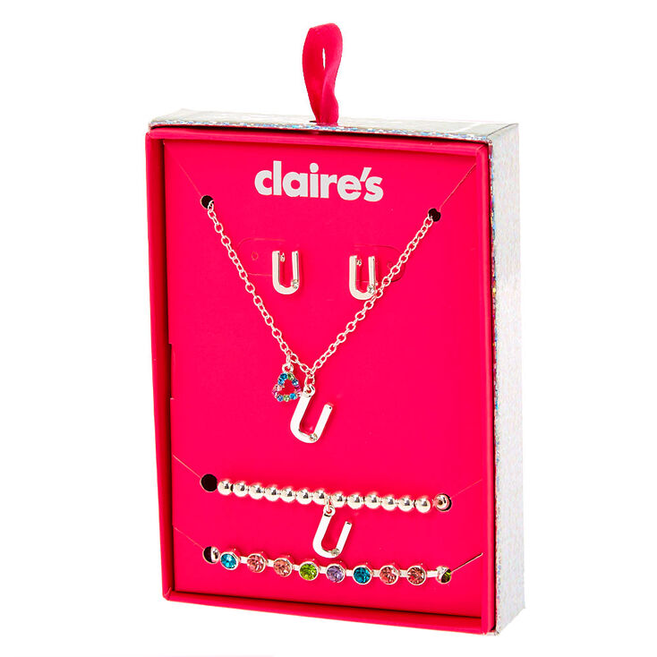 Silver Rainbow Initial Jewellery Gift Set - U, 4 Pack,