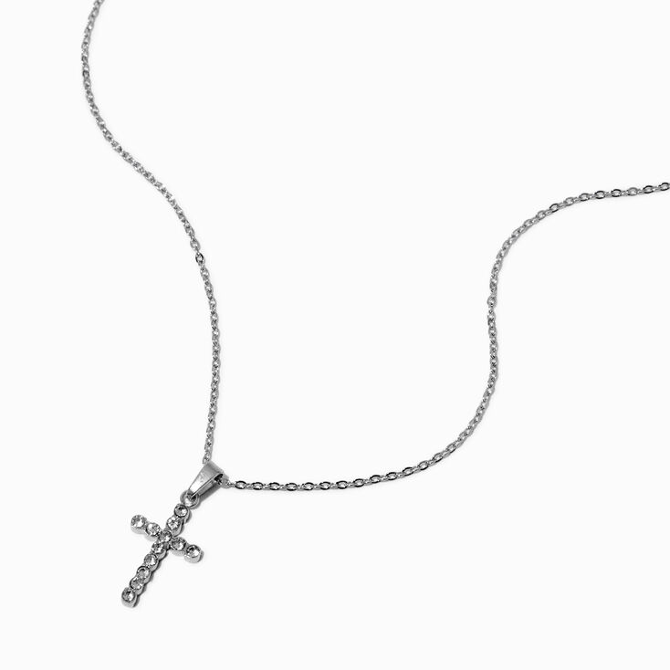 Collier &agrave; pendentif couleur argent&eacute;e croix pav&eacute; en acier inoxydable,