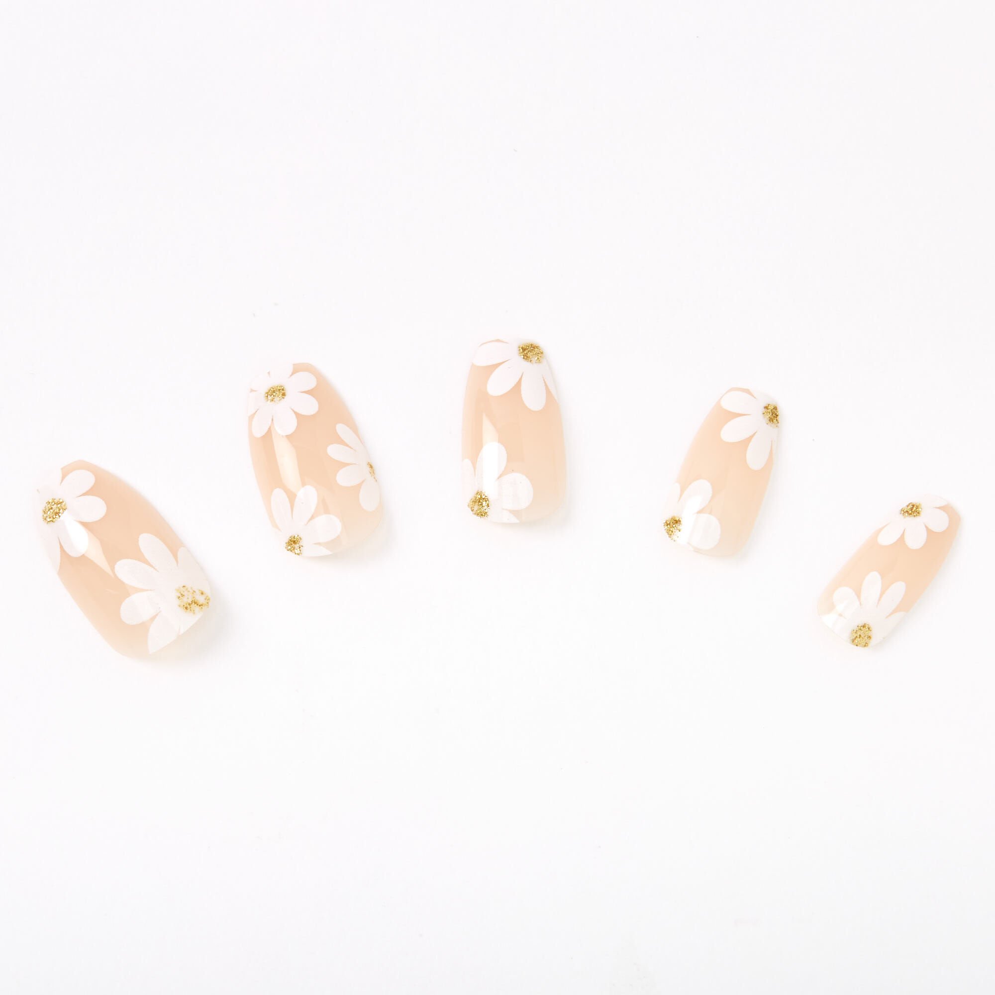 White Daisy Coffin Faux Nail Set - Nude, 24 Pack,