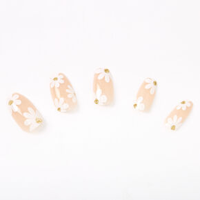 White Daisy Coffin Faux Nail Set - Nude, 24 Pack,