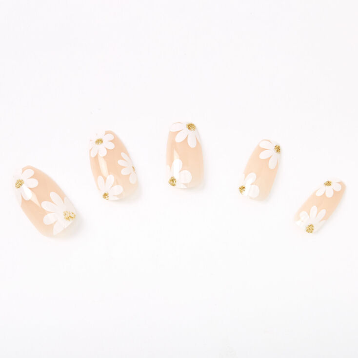 White Daisy Coffin Faux Nail Set - Nude, 24 Pack,