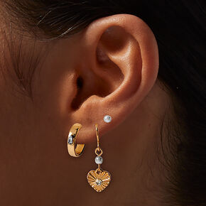 Gold-tone Pearl Ribbed Heart Drop Earring Stackables Set - 3 Pack,