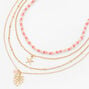Pink Bead Gold Starfish &amp; Monstera Palm Leaf Multi Strand Choker Necklace,