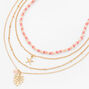 Pink Bead Gold Starfish &amp; Monstera Palm Leaf Multi Strand Choker Necklace,