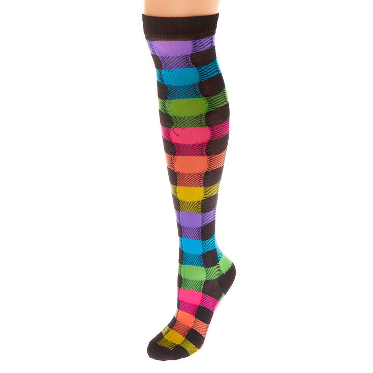 Claire's Chaussettes montantes à carreaux arc-en-ciel fluo