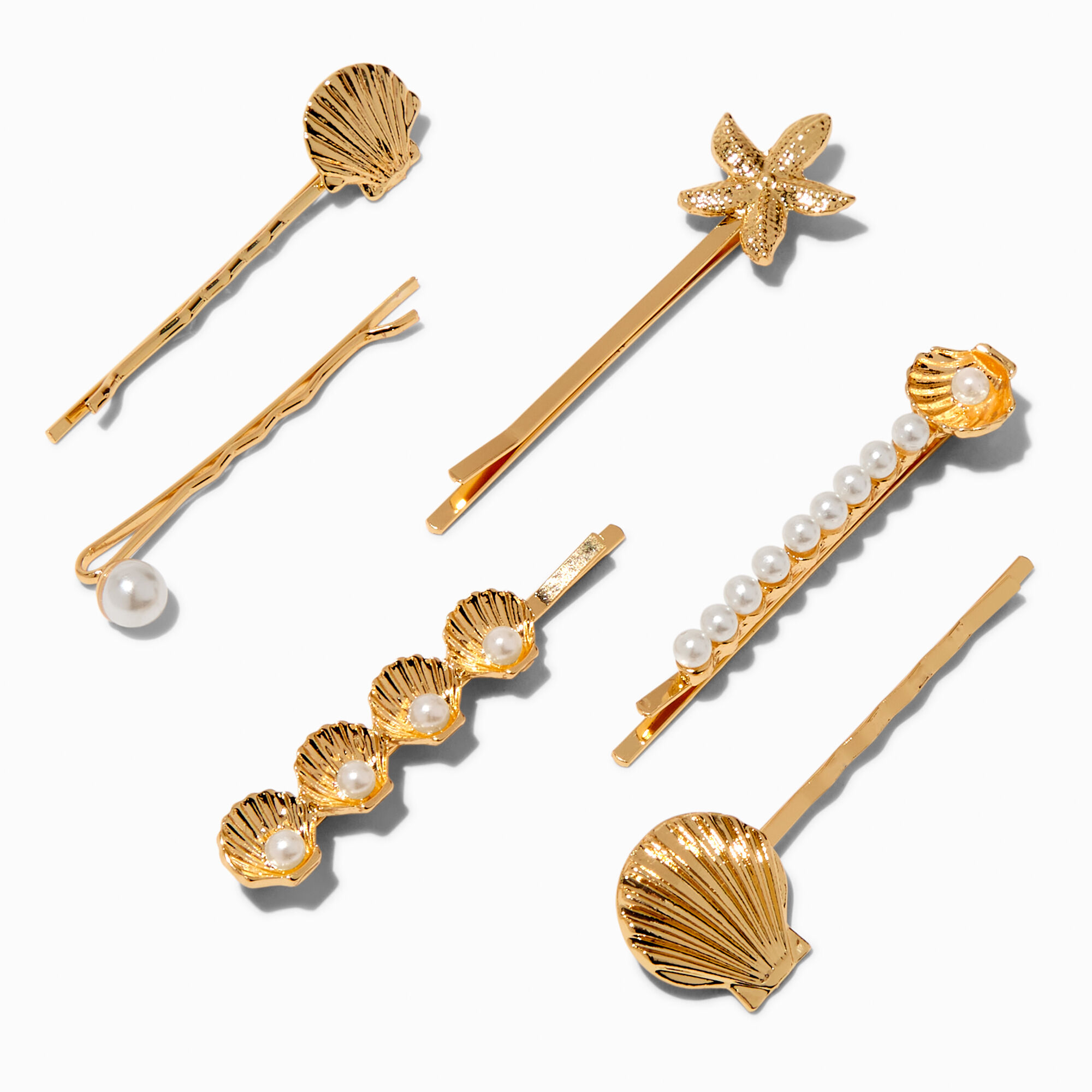 View Claires Tone Shell Pearl Bobby Pins 6 Pack Gold information