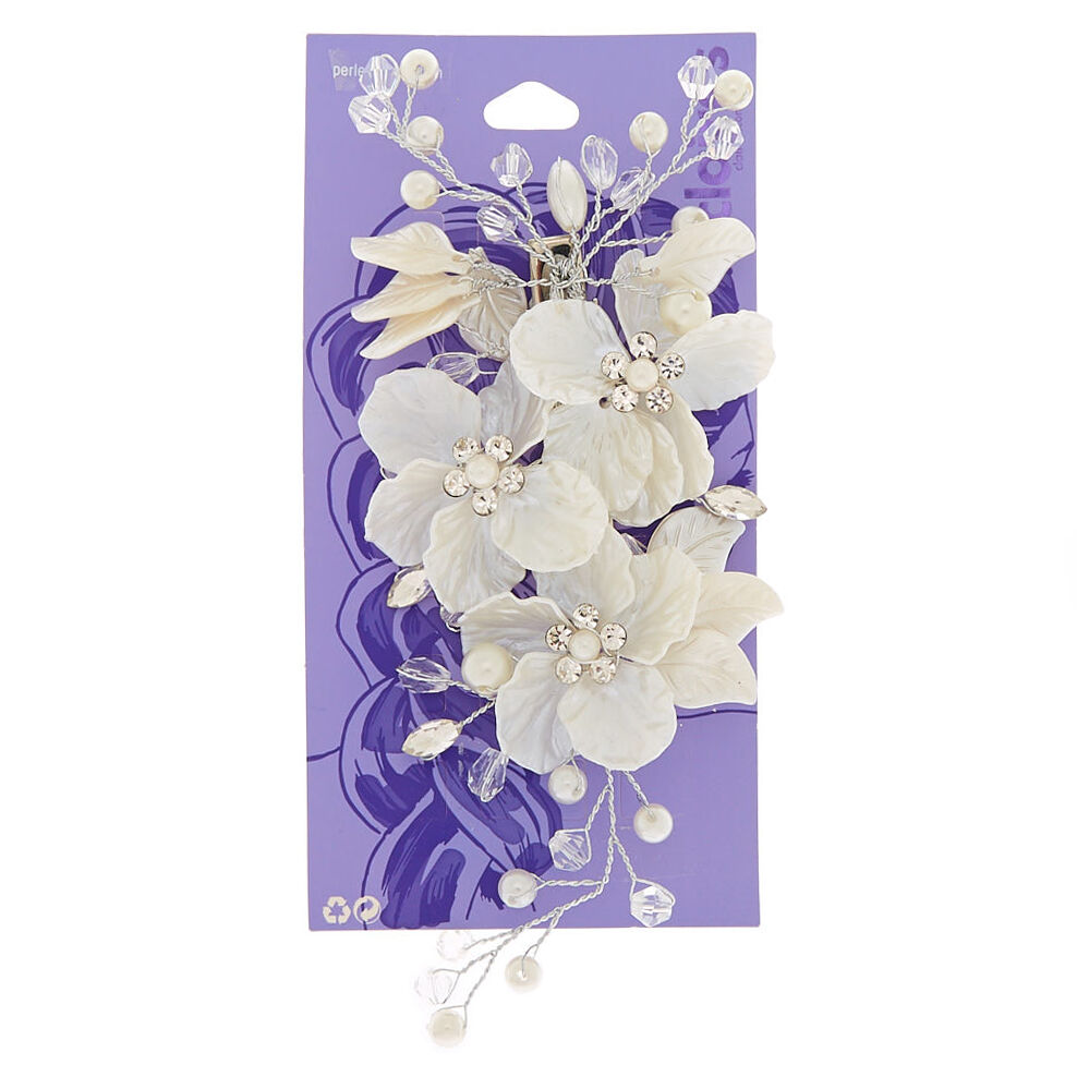 Épingle à cheveux blanche fleur effet nacré, perle d'imitation et strass,