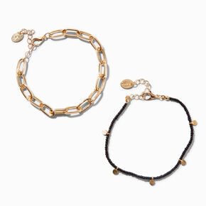 Gold-tone Paperclip &amp; Black Beaded Chain Bracelets - 2 Pack,