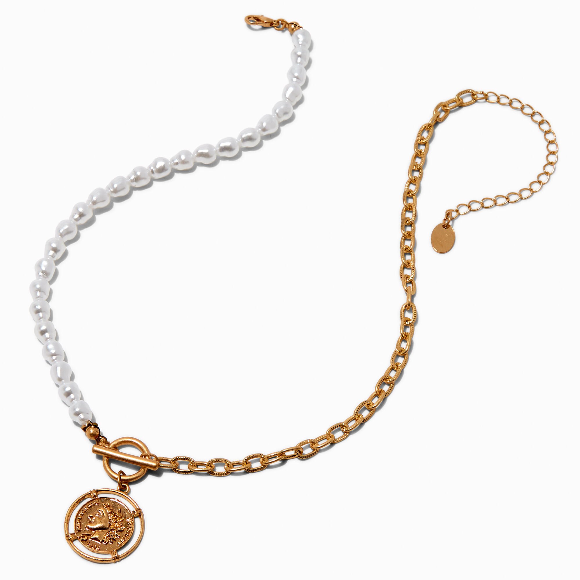 Half Pearl Gold-tone Chain Coin Pendant Necklace,